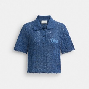 Coach Cropped Knit Polo Top Azul Marinho | COH866005
