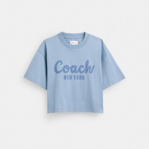 Coach Cursive Signature Cropped T Shirt Azuis | COH865993