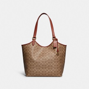 Coach Day Tote Bag In Signature Canvas Marrom Vermelhas | COH865090