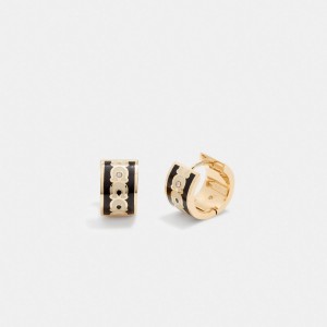 Coach Signature Enamel Hoop Earrings Douradas Pretas | COH866170
