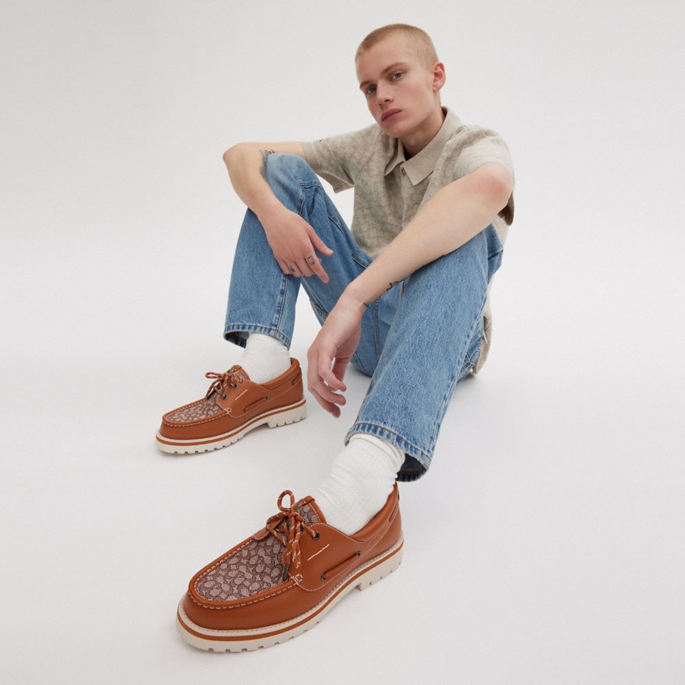 Coach Benson Boat Shoe In Signature Jacquard Marrom | COH866830