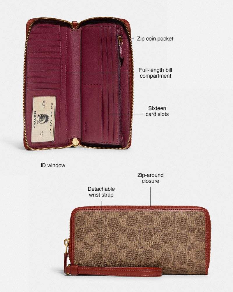 Coach Continental Wallet In Signature Canvas Marrom Vermelhas | COH865514
