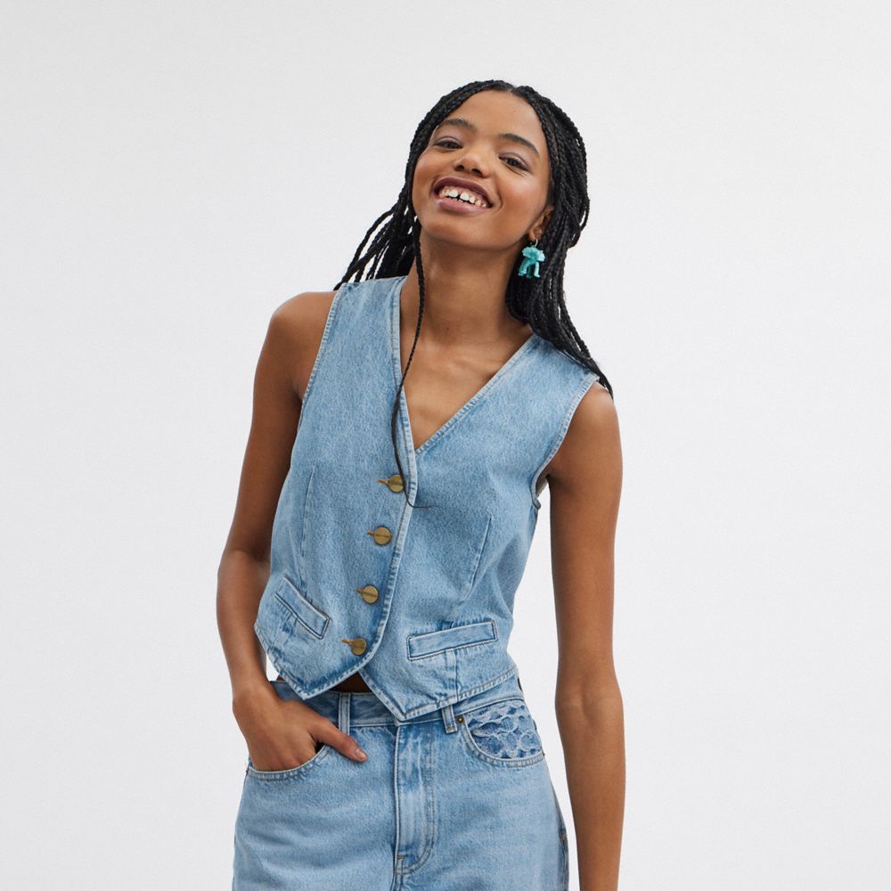 Coach Denim Vest In Organic Cotton Azuis | COH865987