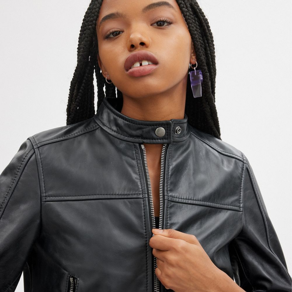 Coach Leather Racing Jacket Pretas | COH865928