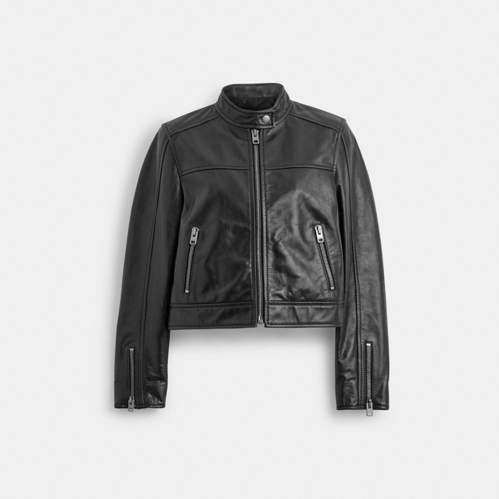 Coach Leather Racing Jacket Pretas | COH865928