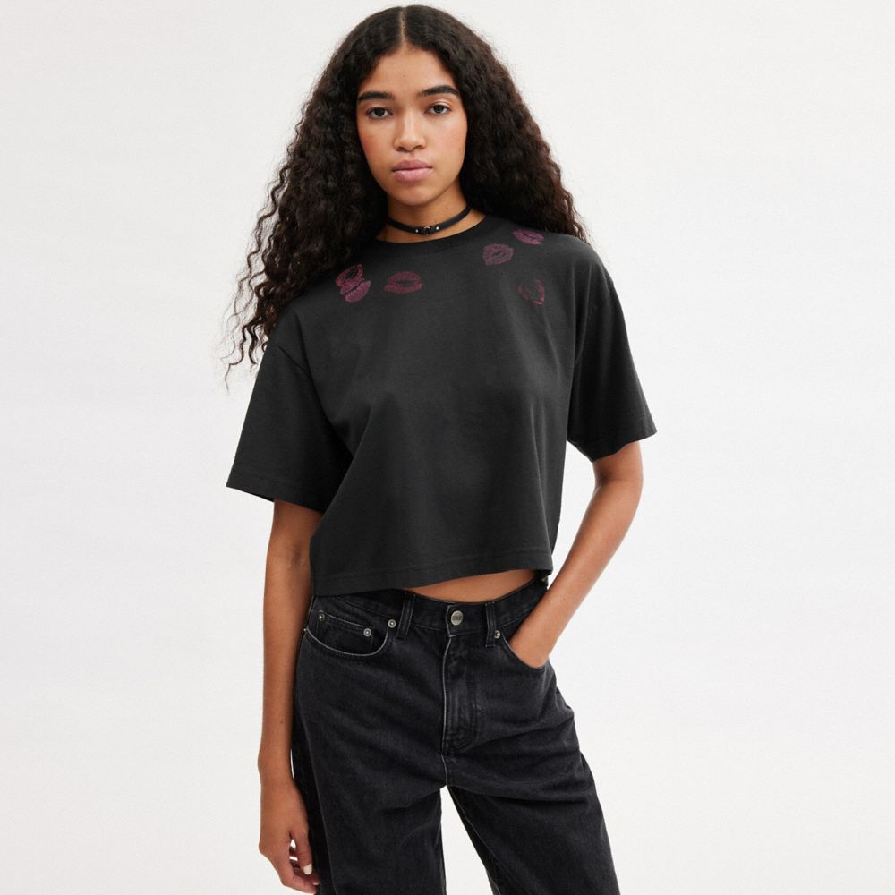 Coach Lip Print Cropped T Shirt Pretas | COH865956