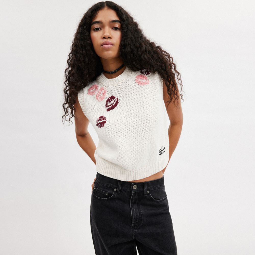 Coach Lip Print Sweater Vest Creme Multicoloridas | COH865957