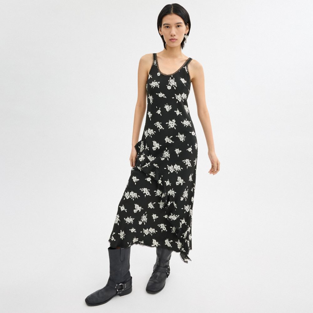 Coach Long Floral Ruffle Dress Pretas Branco Multicoloridas | COH866064