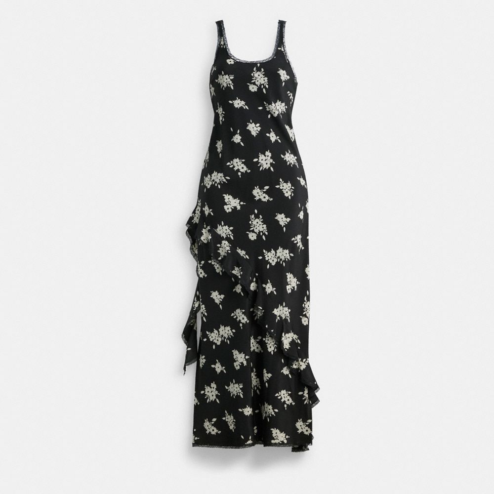Coach Long Floral Ruffle Dress Pretas Branco Multicoloridas | COH866064