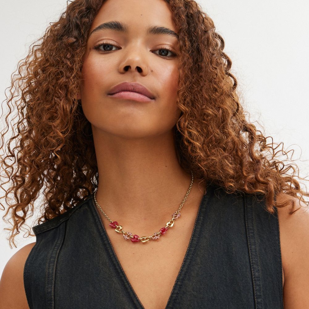 Coach Pavé Hearts Chain Link Necklace Douradas Rosa Multicoloridas | COH866112