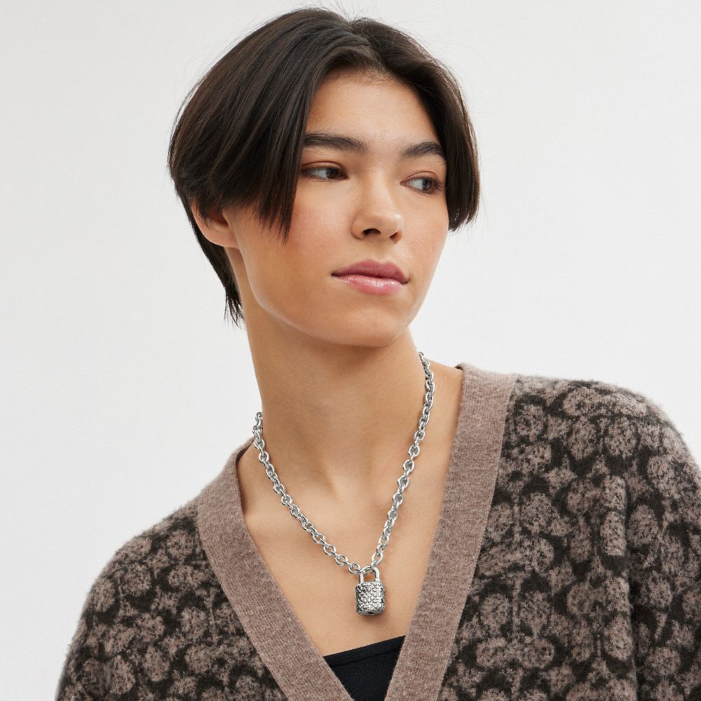 Coach Quilted Padlock Chain Necklace Prateadas Pretas | COH866090
