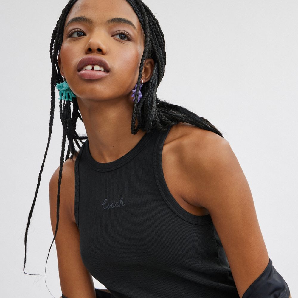 Coach Ribbed Script Tank Top Pretas | COH865950