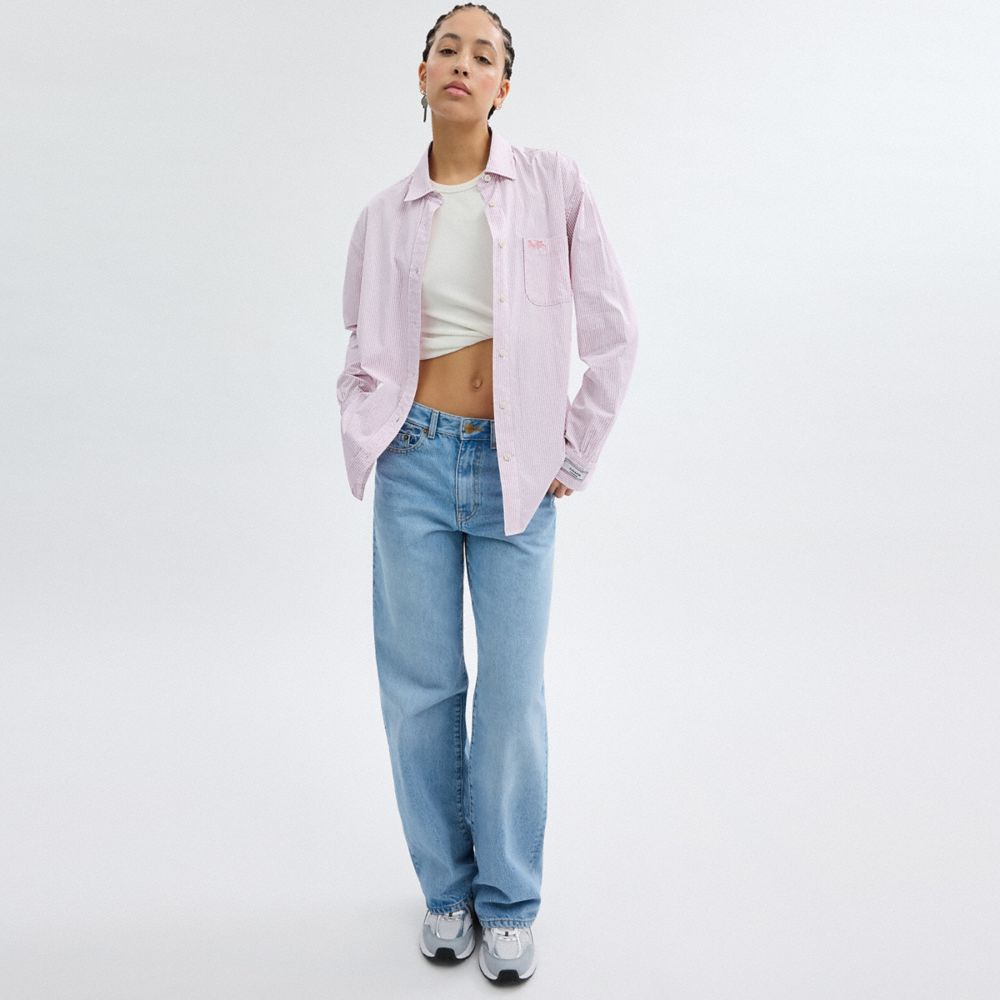 Coach Striped Button Down Shirt In Organic Cotton Rosa Branco | COH866011