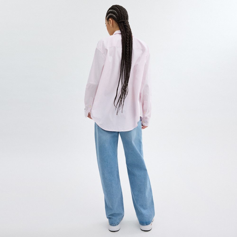 Coach Striped Button Down Shirt In Organic Cotton Rosa Branco | COH866011