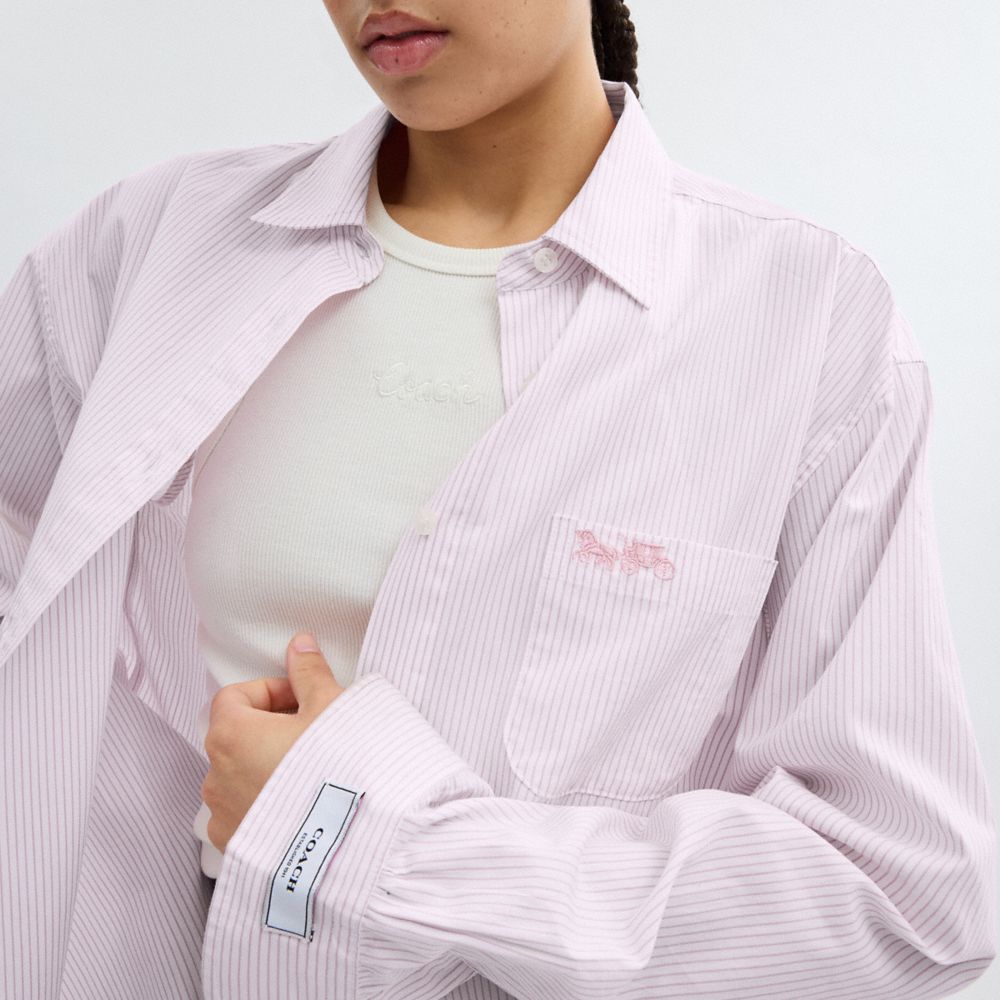 Coach Striped Button Down Shirt In Organic Cotton Rosa Branco | COH866011