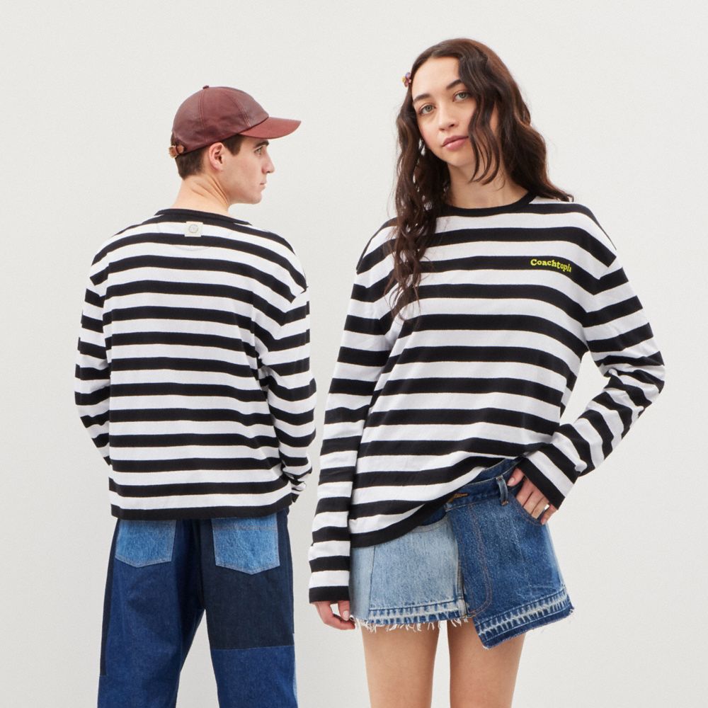 Coach Striped Long Sleeve T Shirt In 97% Recycled Cotton Pretas | COH866910