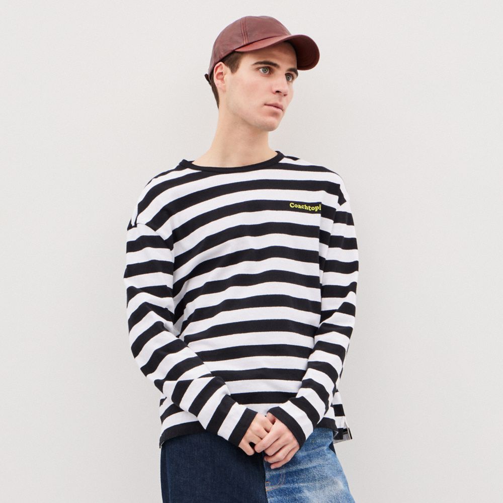 Coach Striped Long Sleeve T Shirt In 97% Recycled Cotton Pretas | COH866910