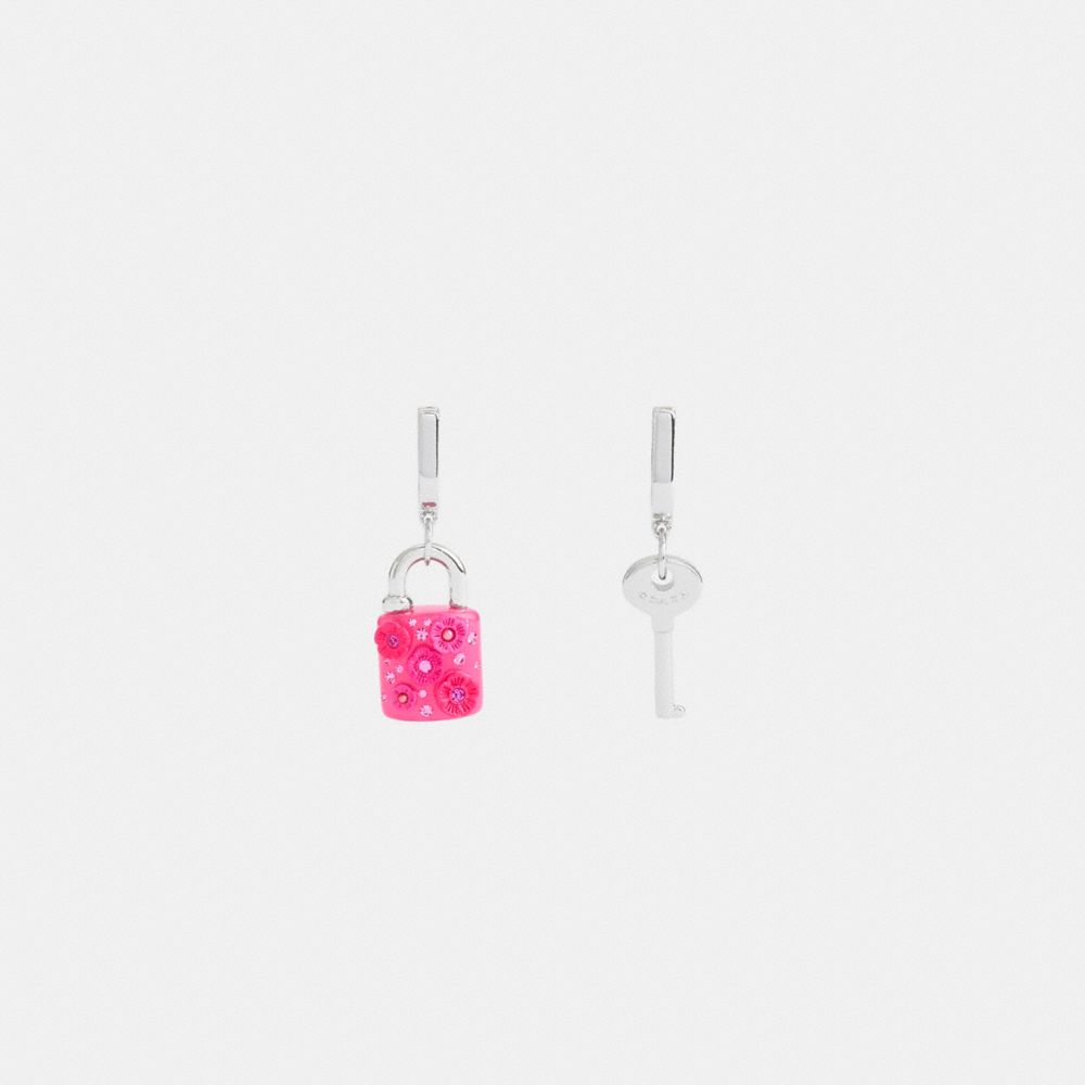 Coach Tea Rose Padlock And Key Mismatch Huggie Earrings Prateadas Rosa | COH866215