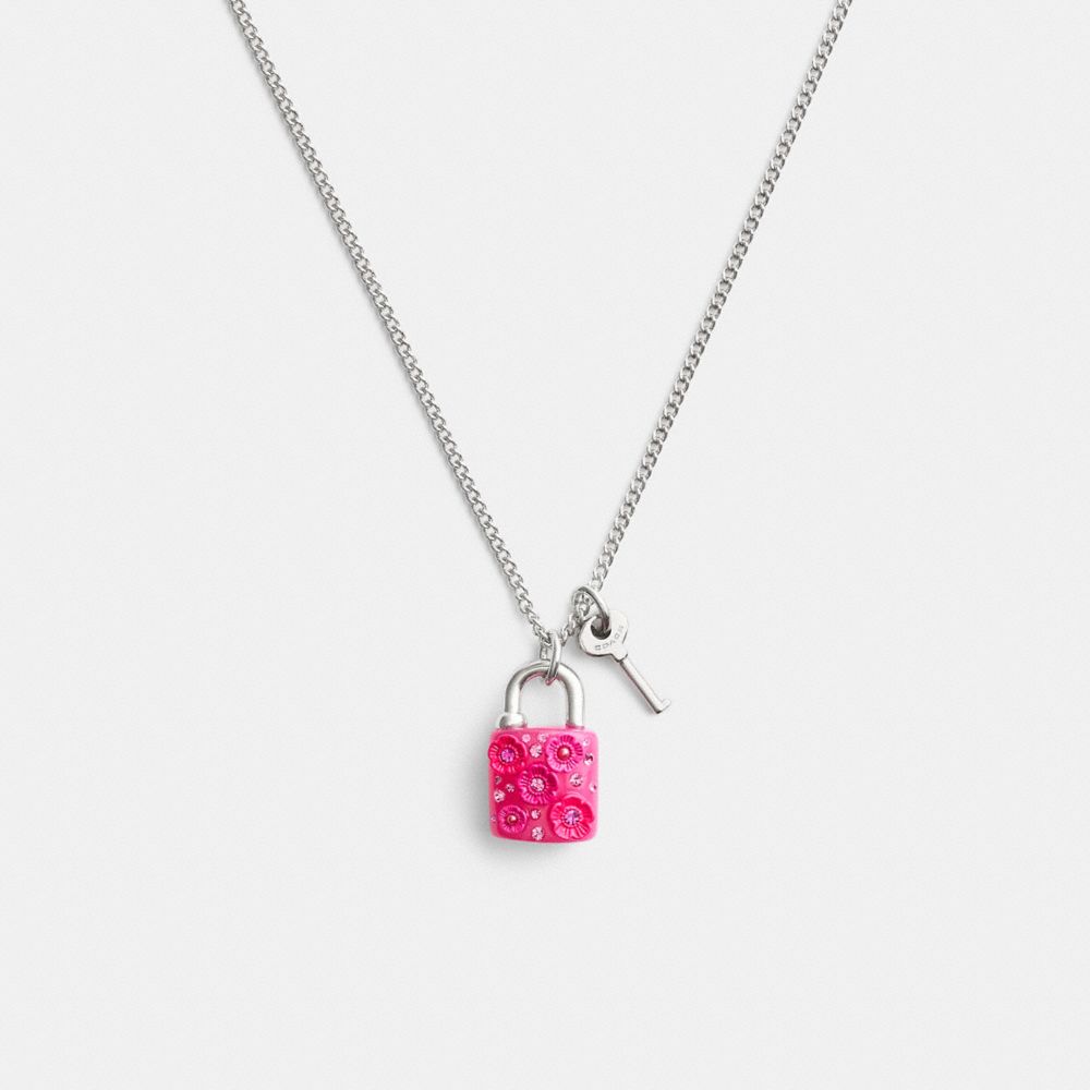 Coach Tea Rose Padlock And Key Pendant Necklace Prateadas Rosa | COH866212