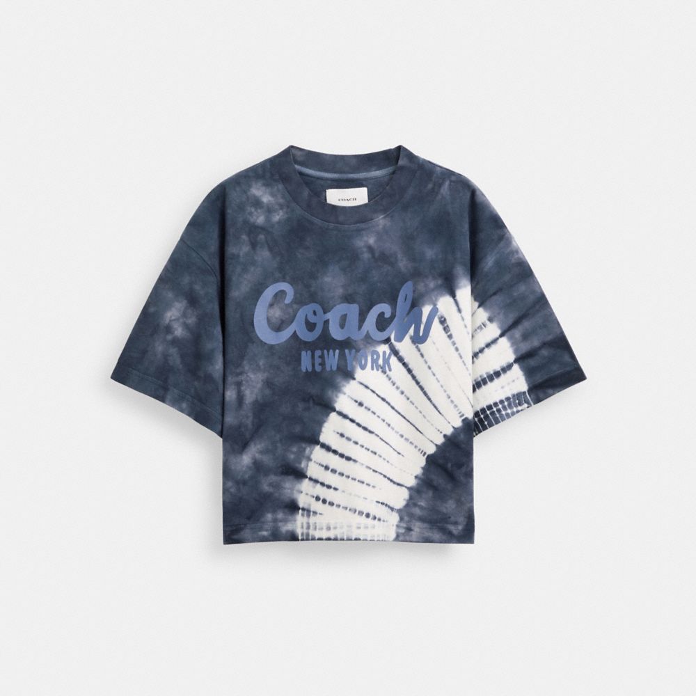 Coach Tie Dye Cursive Signature Cropped T Shirt In Organic Cotton Azul Marinho Multicoloridas | COH866006
