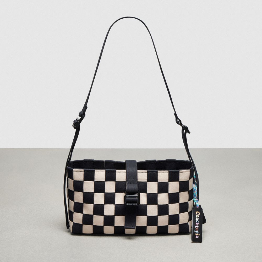 Coach Woven Checkerboard Shoulder Bag With Webbing Pretas Branco | COH864802